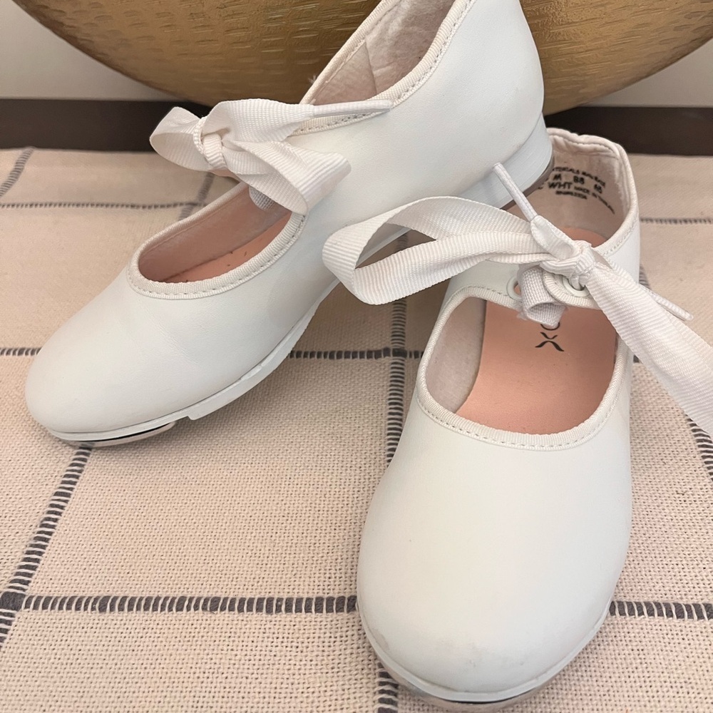 Capezio White Tap Shoes with Ribbon Ties Girl Sz 13M Dance Jazz Ballet Ballerina